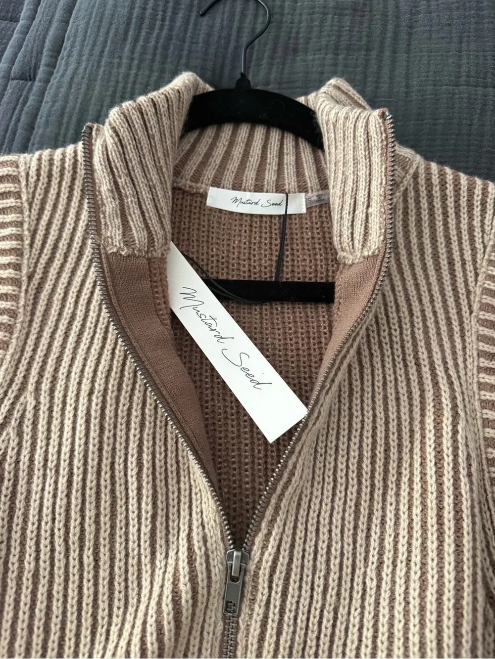 Mustard Seed Sleeveless Zip-Front V-Neck Sweater Vest - Beige